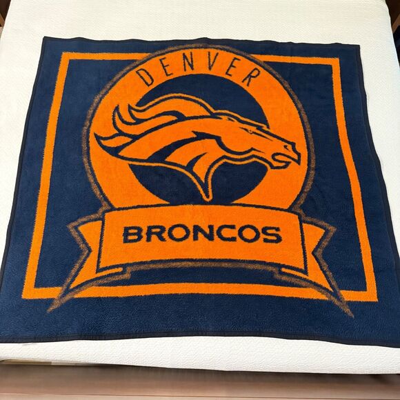 Vintage Denver Broncos NFL Orange & Blue Biederlack Plush Throw Blanket USA MADE - Picture 1 of 5